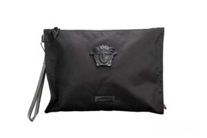 Versace Large Black Nylon Fabric Medusa Convertible Pouch Clutch Wristlet Bag