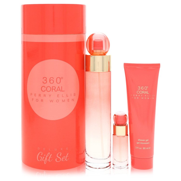 Perry Ellis 360 Coral by Perry Ellis - Gift Set -- 3.4 oz Eau de Parfum Spray + .25 oz Mini EDP Spray + 3 oz Shower Gel