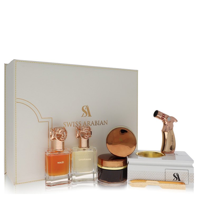 Swiss Arabian Bakhoor Dukhoon Al Haram by Swiss Arabian - Gift Set -- Gift Set contains 2 x 1.7 oz Eau De Parfum in Wajd & Gharaam + 2 x 60 grams of Incense in Dukhoon Al Haram & Oud Muattar Mumtaz